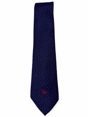 Vintage Christian Dior Tie Navy Red Polka Dot 80/20 Silk